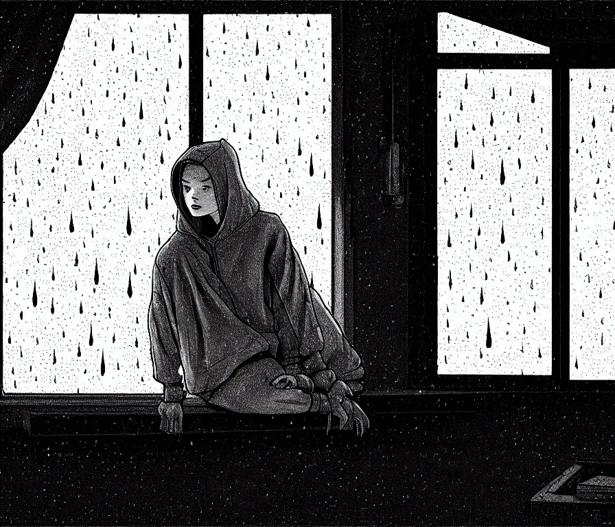 Image similar to sadie sink in hoodie sits on windowsill, knees tucked in as rain falls at night : b & w storyboard drawing, scifi cyberpunk. by joe alves, gabriel hardman, chris bonura. cinematic atmosphere, detailed and intricate, perfect anatomy