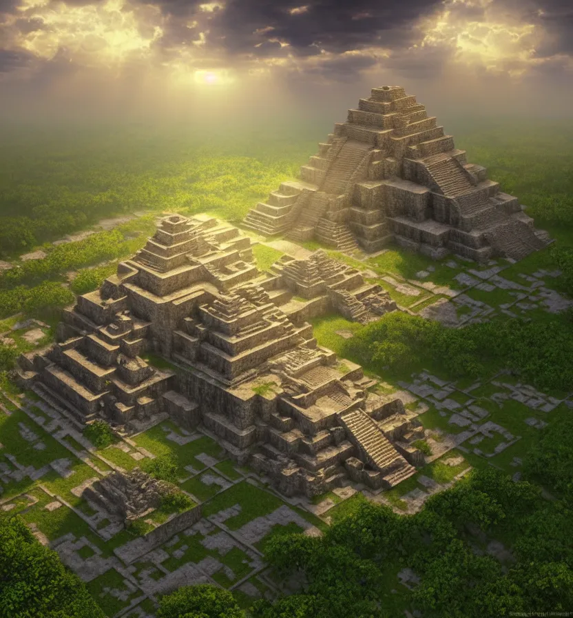 Image similar to environment of multiple detailed complex fractal architecture mayan pyramids in a vast garden wildflower landscape that meets the ocean, by glenn small, by albert bierstadt photorealism, hyper realism, octane render, unreal engine, volumetric light, depth of field, volumetric clouds, god rays, lens flares, detailed, intricate, twin motion, megascan, high resolution, realistic render