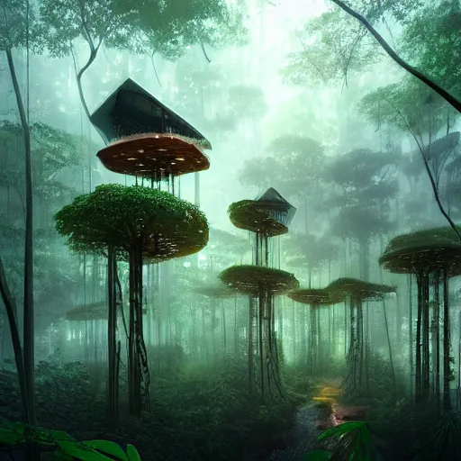 Prompt: surreal treehouses in a rainforest, cyberpunk , concept art, artstation, photorealistic, hyper detailed, atmospheric, volumetric lighting, foggy