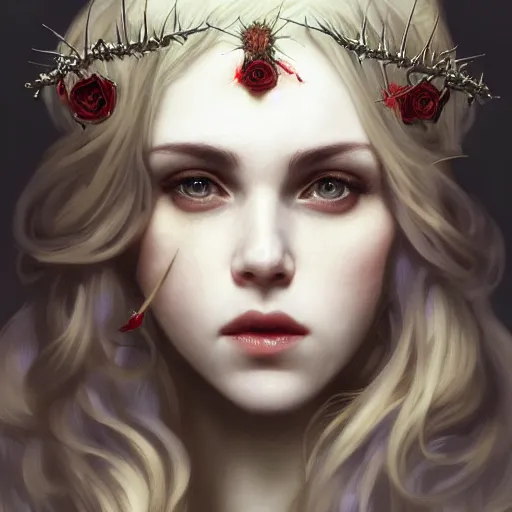 Image similar to portrait of very beautiful vampire, rose thorn crown, thorns everywhere, headshot, pale skin, 4k, rule of thirds, extreme detail, detailed drawing, trending artstation, hd, fantasy, D&D, realistic lighting, by Alphonse Mucha, Greg Rutkowski, sharp focus, backlit, blonde hair, elegant