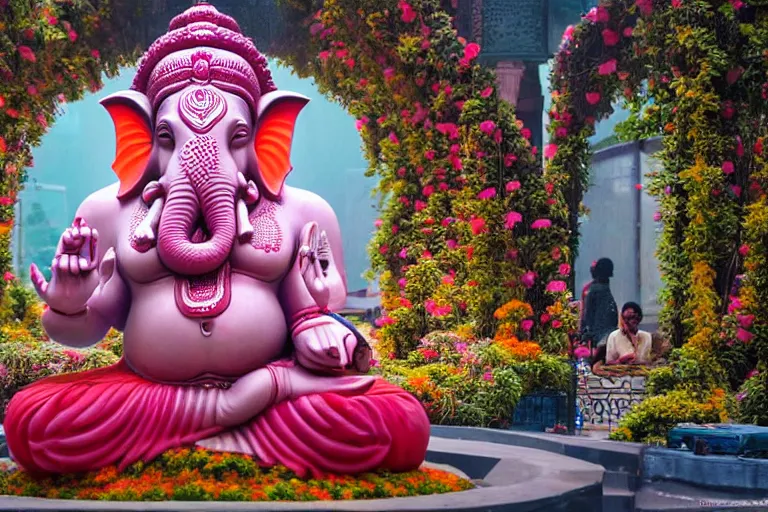 Image similar to beautiful futuristic new delhi, sharp sci - fi ganesha!! building, kalighat flowers, highly detailed cinematic, stephen shore & john j. park, soft morning light, wide shot, ground angle, uhd 8 k, shallow depth of field