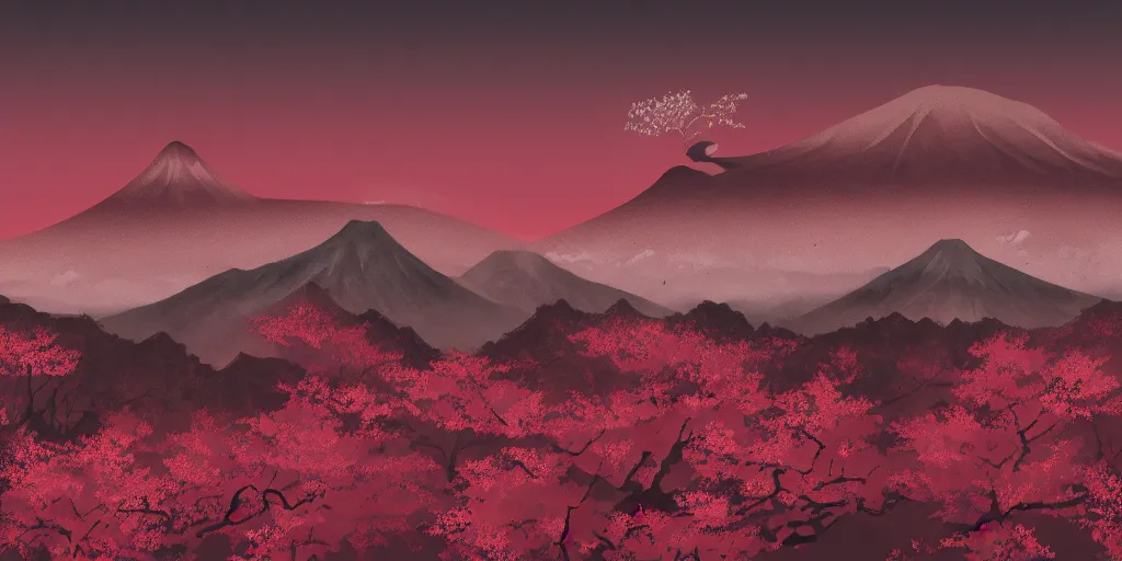 Prompt: japanese ink painting of a blooming cherry blossom forest with mountains in the background and a deep red sun, highly detailed, vivid colors, cinematic lighting, 8 k, trending on artstation