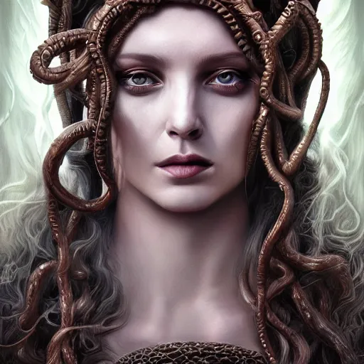 Image similar to an epic portrait of medusa, goddess, beautiful, detailed beautiful face, epic fantasy art, award winning on artstation, trending on deviantart, mystical atmosphere, mythology, high definiton, high detail, high quality, ultra realistic, hyper realistic, 4 k uhd,