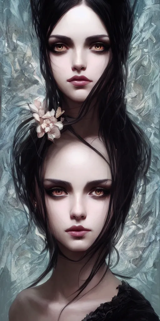 Image similar to a beautiful dark hair girl with black makeup in the eyes, fantasy, portrait, sharp focus, intricate, elegant, digital painting, artstation, matte, highly detailed, concept art, illustration, ambient lighting, dark background art by ilya kuvshinov, artgerm, Alphonse Mucha, and Greg Rutkowski