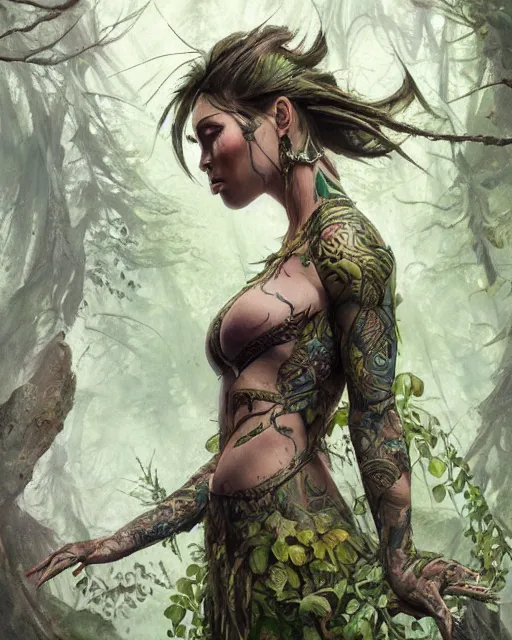 Prompt: a medium - shot of tattooed beautiful female warrior wearing a magical leotard in a magical forest, hyper realistic face, beautiful green eyes, fantasy art, in the style of greg rutkowski, illustration, epic, fantasy, intricate, hyper detailed, artstation, concept art, smooth, sharp focus, vibrant