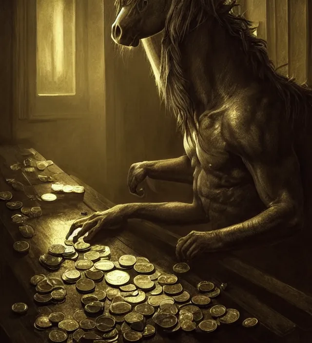 Image similar to a unicorn counting currency, cinematic atmospheric lighting, dark, atmospheric, brooding, painted, intricate, ultra - detailed by dave dorman, well composed, best on artstation, cgsociety, epic, stunning, gorgeous, intricate details, wow, masterpiece