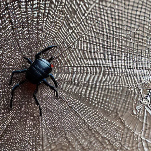 Image similar to a miniature volkswagen beetle hanging from a spider web. the spider can be seen in the background. very very very very very very very very very very very very very photorealistic. nature photography. macrophotography. NIKON D800E + 105mm f/2.8 @ 105mm, ISO 400, 1/1000, f/3.5