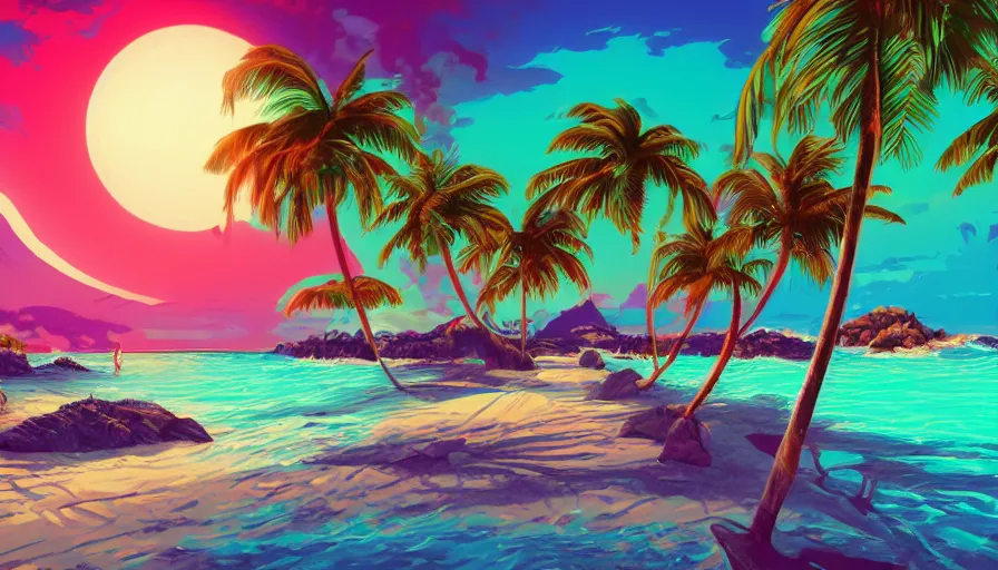 Image similar to a tropical beach, epic retrowave art, trending on art station