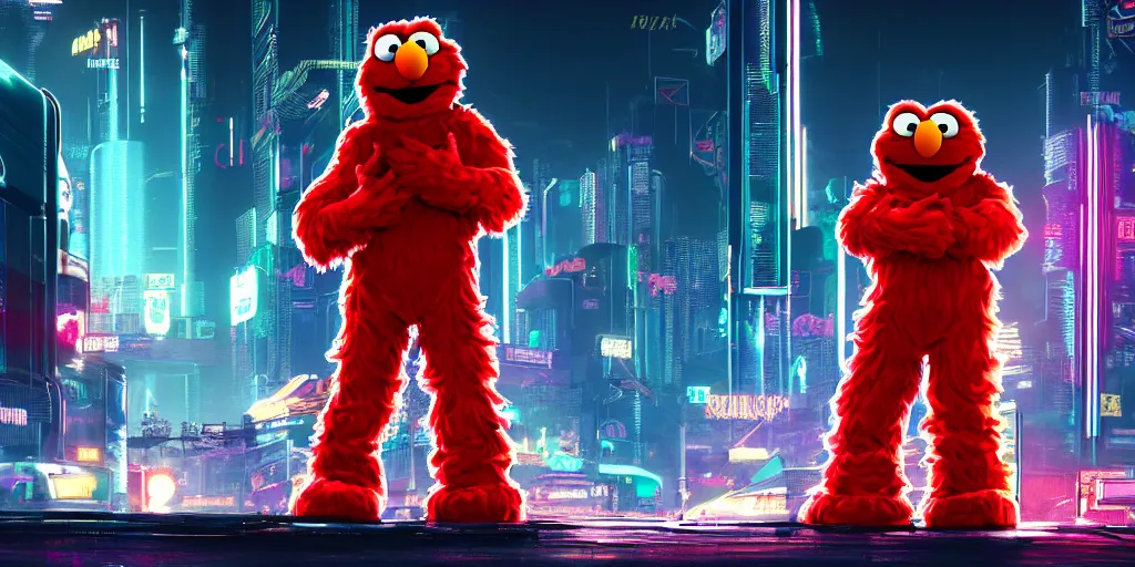 Image similar to elmo!! in cyberpunk 2 0 7 7 night city wallpaper rendering, digital art