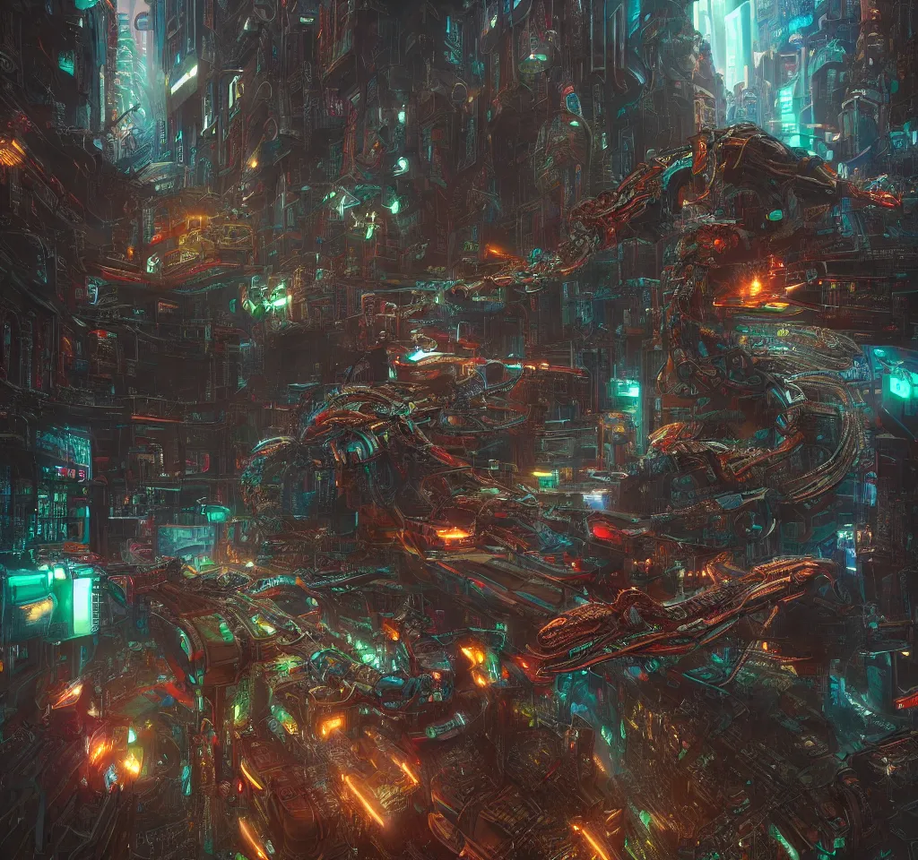 Prompt: large cyberpunk Quetzalcoatl  the feathered serpent deity, cinematic, highly detailed, octane render, cg, rich cinematic atmosphere, perfect digital art, mystical journey in strange world, robotic, circuits, Mystical, cyberpunk, sci-fi, surreal, glowing lights, sharp focus, high detailed, by Greg Rutkowski, Gary Houston, Stephan Martiniere