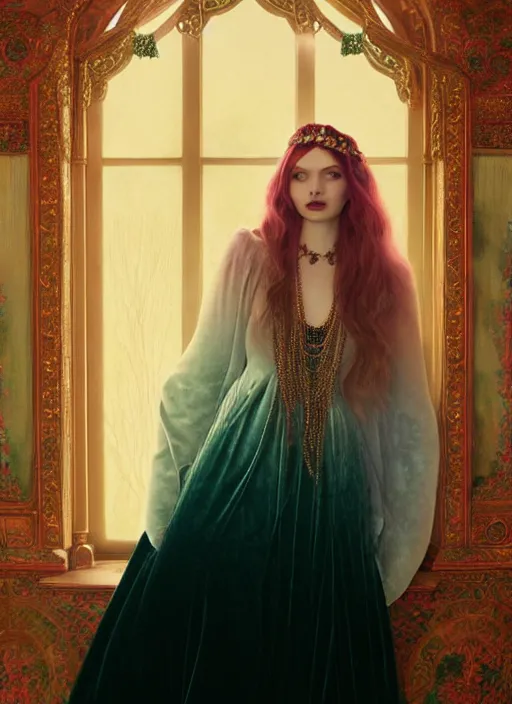 Image similar to ombre velvet gown, lovely queen, portrait, long raven hair, small crown, dozens of jeweled necklaces, feral languid hannah murray, by greg rutkowski, anato finnstark, alphonse mucha, global illumination, radiant light