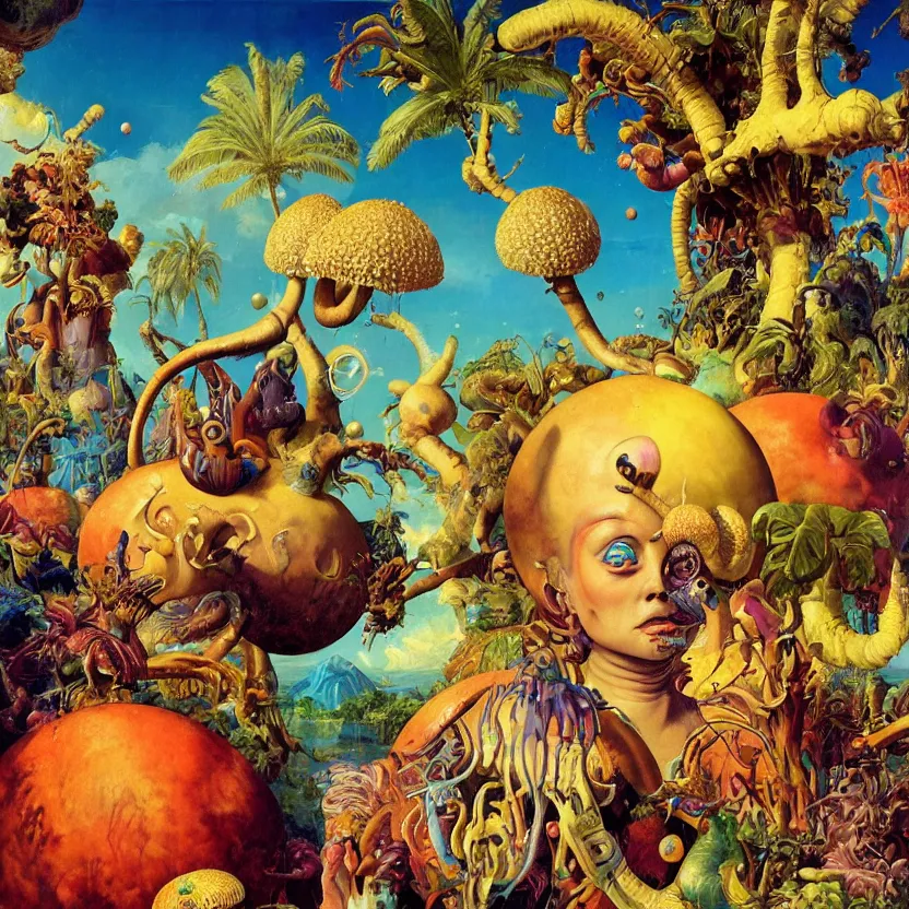 Prompt: a baroque close - up portrait painting of a cosmic alien. water, colorful fruit, tropical palm trees, and mushrooms. surrealism. night background. highly detailed science - fiction fantasy painting by norman rockwell, moebius, frank frazetta, syd mead, and stanislaw fernandes. rich colors, high contrast. renaissance masterpiece. artstation