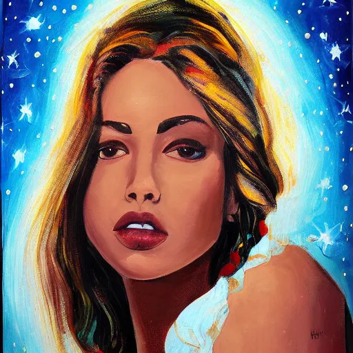 Prompt: painting a perfect women in the bluesy with stars, high resolution