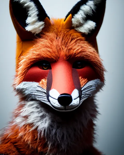 Image similar to portrait photo headshot still of a fursuit, fox, 8 k, 8 5 mm f 1. 8, fursuit