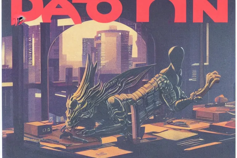 Image similar to 1979 Magazine Cover of a dragon figure at a desk with a large circular window to neo-Tokyo streets behind him. in cyberpunk style by Vincent Di Fate