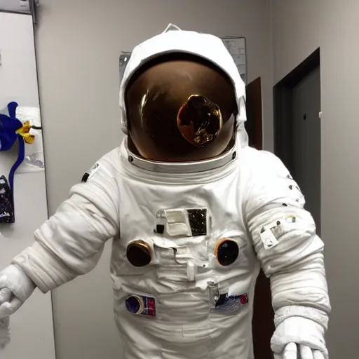 Prompt: a hybrid half man half potato getting dressed as an astronaut