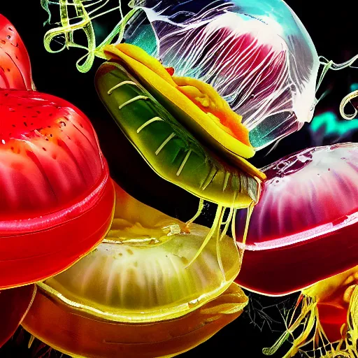 Image similar to hamburger mix jellyfish, cg, 8 k, surrealistic, sharp focus, style by andy warhol