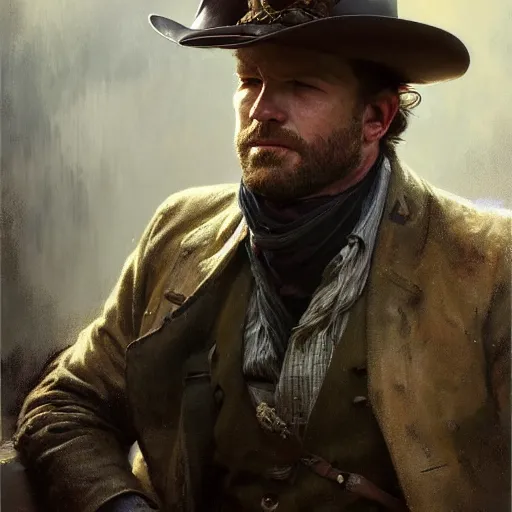 Image similar to hyperrealist portrait of arthur morgan by jeremy mann and alphonse mucha, fantasy art, photo realistic, dynamic lighting, artstation, poster, volumetric lighting, very detailed faces, award winning