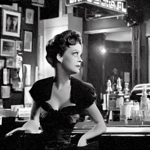 Image similar to a movie still of film noir jazz bar, crowds of people, she arrived in a red dress, cinematography john alton, burnet guffey, john seitz.