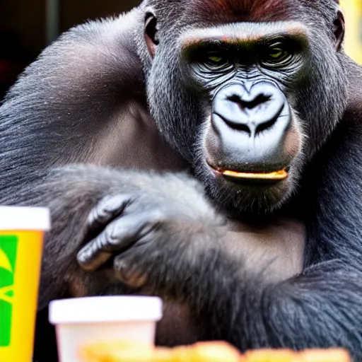 Image similar to detailed sharp photo of a gorilla eating a burger inside a McDonald's in santa fe