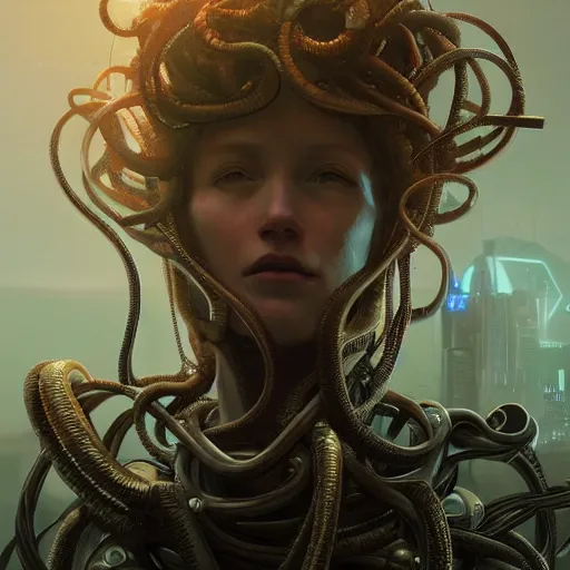 Image similar to portrait of Medusa with vr headset, cyberpunk, cables on the head, futuristic hi-tech details, ominous, intricate, art by anthony macbain + greg rutkowski + alphonse mucha, concept art, 4k, sharp focus, cinematic unreal engine