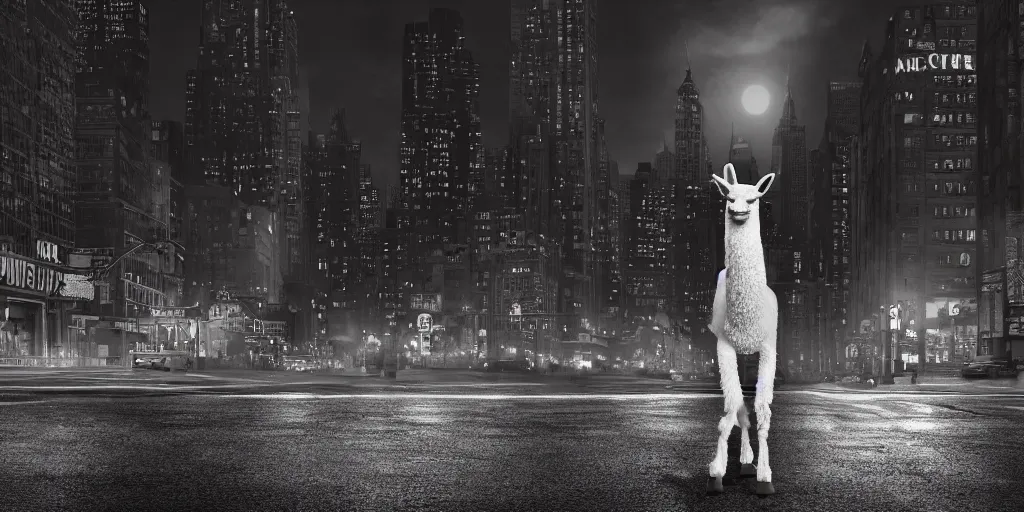 Image similar to a llama walking through a desolate manhattan city street at night, statue of liberty seen in the background, realistic 4 k octane beautifully detailed render, 4 k post - processing, highly detailed, intricate complexity, epic composition, magical atmosphere, cinematic lighting, masterpiece, ultra hd