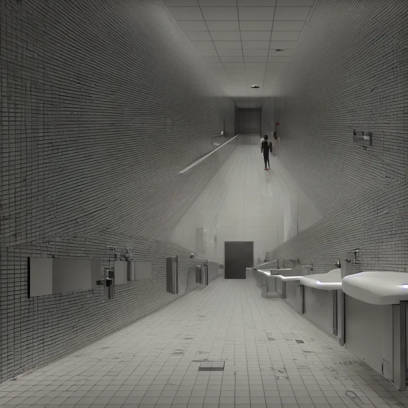 Prompt: an infinite public restroom with endless stalls and endless sinks fading into the distance, lots of people, showers, lights, tile, cinematic lighting, volumetric lighting, award winning photography, highly detailed, intricate, sharp focus, 4 k wallpaper, unreal engine, 9 0 mm, f / 1. 4