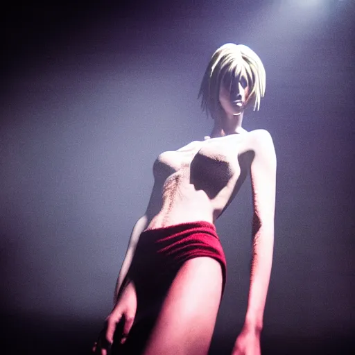 Prompt: supermodel in silent hill, on stage at heaven's night nightclub, 8 k, realistic, fashion photography