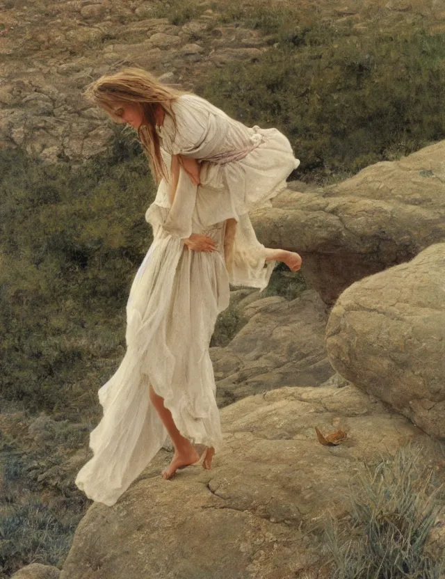 Image similar to peasant barefoot girl with long hair on wind rstanding on the edge of rock, cottage core, cinematic focus, polaroid photo bleached vintage pastel colors high - key lighting, soft lights, foggy, by steve hanks, by lisa yuskavage, by serov valentin, by tarkovsky, 8 k render, detailed, oil on canvas
