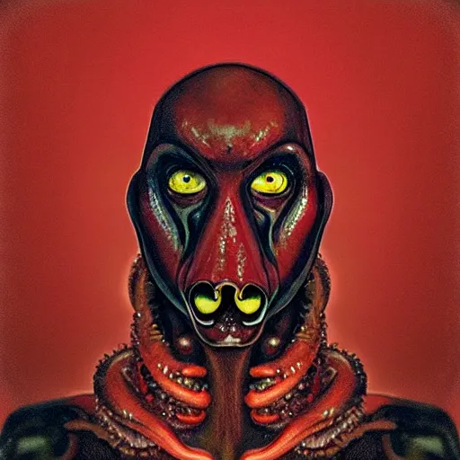 Prompt: “Portrait of a red skinned humanoid alien with tentacles for a mouth and glassy black eyes.”