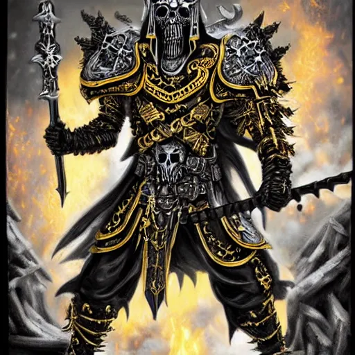 Prompt: lich king wearing black and gold armor with skulls and chains, holding a two handed sword with golden handle, wearing spiky helmet with mask