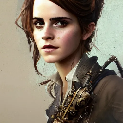 Image similar to steampunk portrait of emma watson, au naturel, hyper detailed, digital art, trending in artstation, cinematic lighting, studio quality, smooth render, unreal engine 5 rendered, octane rendered, art style by klimt and nixeu and ian sprigger and wlop and krenz cushart.