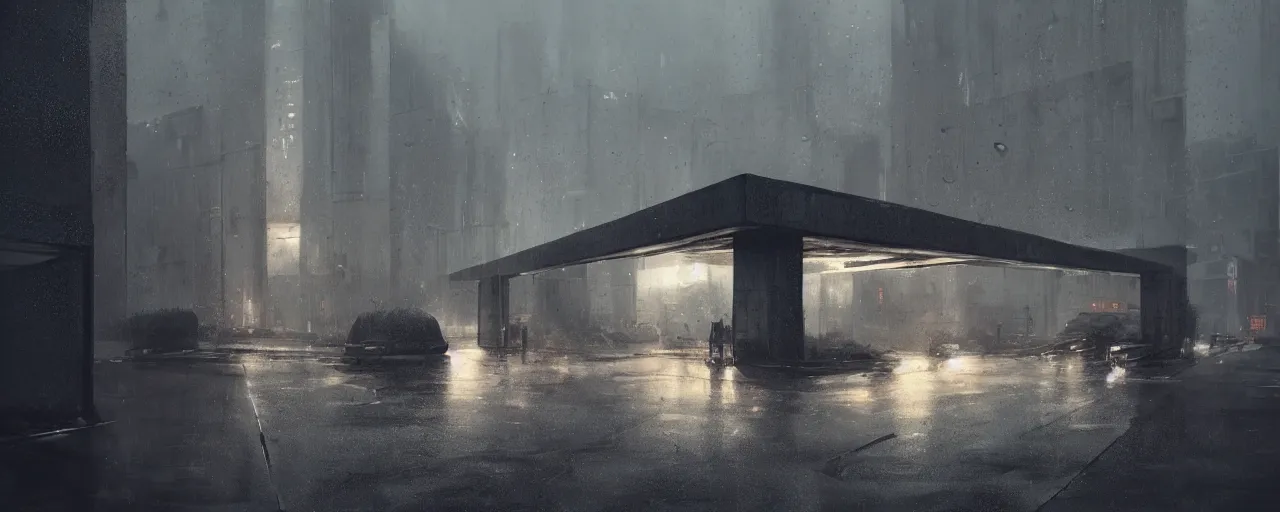 Prompt: brutalist architecture, metal, concrete, night, rain, drama, stunning volumetric lighting, 8K, trending on artstation, by greg rutkowski