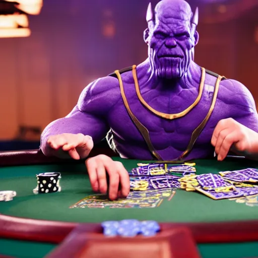 Image similar to professional dslr photo of thanos playing poker