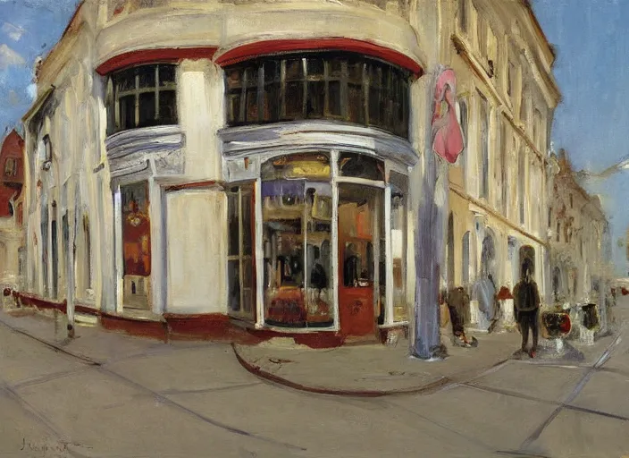 Image similar to artwork painting of storefront by john singer sargent