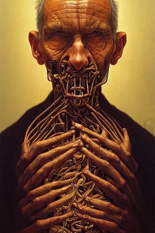 Prompt: beautiful clean oil painting biomechanical portrait of man face by casey weldon, wayne barlowe, rembrandt, complex, stunning, realistic, skin color