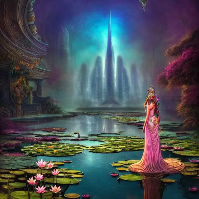 Image similar to Beautiful 3d render of the flower queen goddess near a pond full of lotus, atmospheric lighting, painted, intricate, volumetric lighting, beautiful, rich deep colours masterpiece, sharp focus, ultra detailed, in the art style of Dan Mumford and marc simonetti, with a clear crowded futuristic cyberpunk dubai city in the background, astrophotography