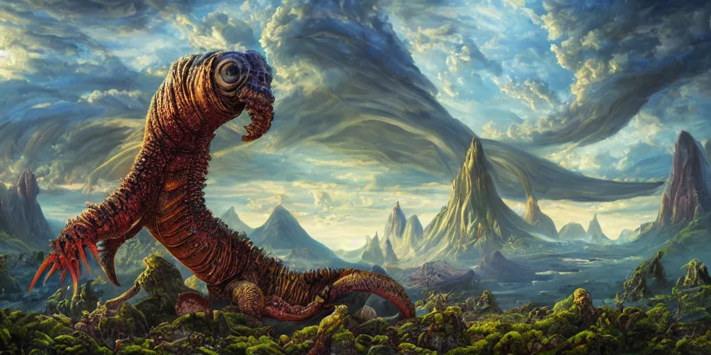 Image similar to fantasy oil painting, great leviathan, cybernetic turtle cephalopod terrapin reptilian pachyderm squid, bella hadid, hybrid, milla jovovich, anubis, epic natural light, lush plants flowers, spectacular mountains, bright clouds, luminous sky, outer worlds, golden hour, michael cheval, edward hopper, michael whelan, vray, hd