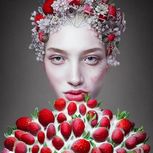 Image similar to the portrait of an absurdly beautiful, graceful, elegant, sophisticated, fashionable young woman made of strawberries and white petals with tears, an ultrafine hyperdetailed illustration by kim jung gi, irakli nadar, intricate linework, bright colors, octopath traveler, final fantasy, unreal engine 5 highly rendered, global illumination, radiant light, detailed and intricate environment