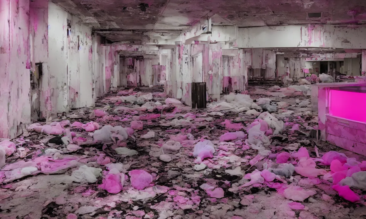 Image similar to backrooms abandoned mall, ominous neon pink and purple vaporwave lighting, moldy walls and stuffed animals sitting in shallow water