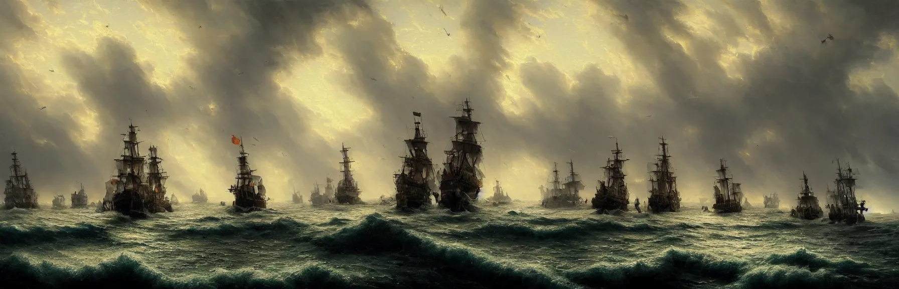 Prompt: A beautiful painting of battle of multiple pirate warships in the violent sea amidst heavy rain and thunderstorm, ominous sky, dead bodies and broken ship parts are floating on water; by greg rutkowski, thomas kinkade, artstation