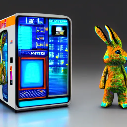 Image similar to vending machine item is a cybernetic rabbit, tilt shift, display photo, highly detailed, colorful, highly textured