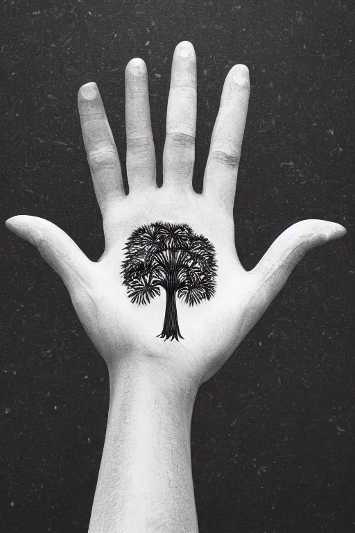 Prompt: hyper realistic beautiful detailed image of a human's palm hand with a tree growing on, white background, photorealistic, 4 k