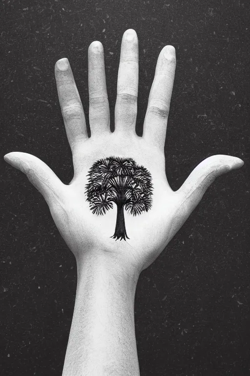 Image similar to hyper realistic beautiful detailed image of a human's palm hand with a tree growing on, white background, photorealistic, 4 k