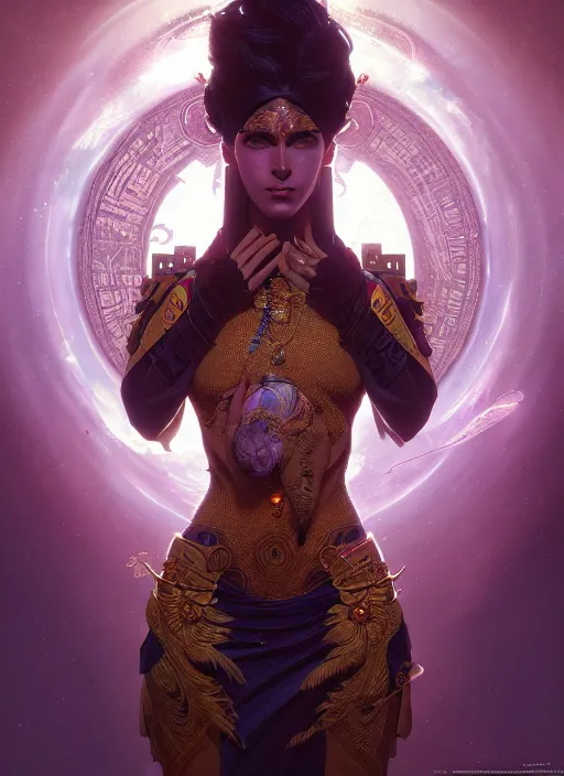 Image similar to Divine cosmic female power, glyphs, magic, artstation, high contrast, dramatic lighting, cgsociety, very detailed, intricate, detailed illustration, by artgerm and greg rutkowski and alphonse mucha, octane render, unreal engine, hyperrealism