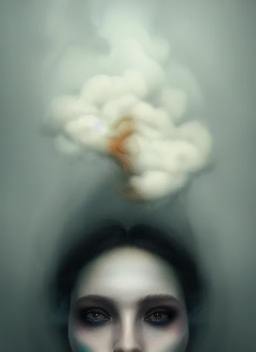 Image similar to an ethereal, smoky portrait of a woman whose face is covered with glowing makeup. the makeup floats off her face and joins swirling clouds of smoke and fog. surreal portrait, concept art, cinematic lighting, 8 k, sharp focus, digital painting, rendered in octane, painted by tom bagshaw, artgerm