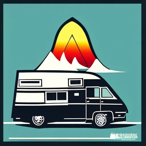 Image similar to stylized line art graphic of a white and black cute thor chateau! motorhome camper!!, mountains, colorful sunset!!, retro line art by tom whalen