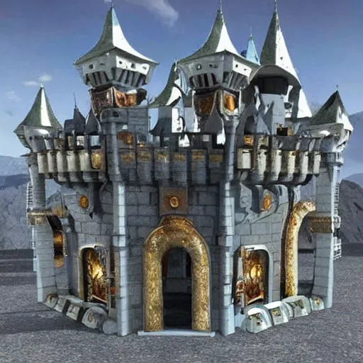 Prompt: futuristic metal castle with machine guns on he walls