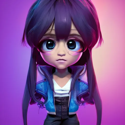 Prompt: portrait of a chibi very cute girl with purple jacket design by antonio mello, carlos ortega elizalde, character modeling, toy design, substance 3 d painter, blender, mental ray, zbrush, soft vinyl, bio luminescent, maximalist sculpted design portrait, studio photo, 7 0 mm lens, trending in artstation