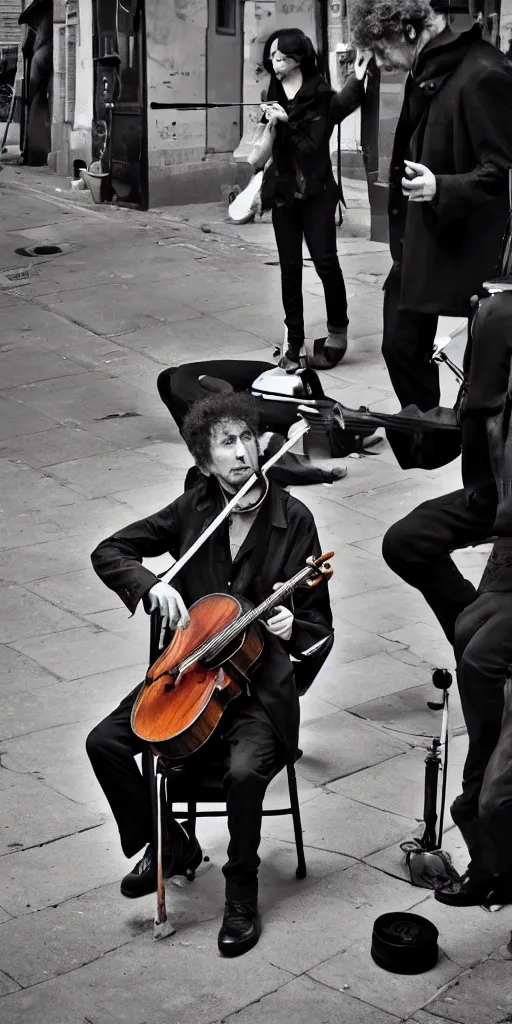 Prompt: Bob Dylan playing a cello on the streets, Karlkka, Jayison Devadas, Phuoc Quan, trending on Artstation, 8K, ultra wide angle, pincushion lens effect